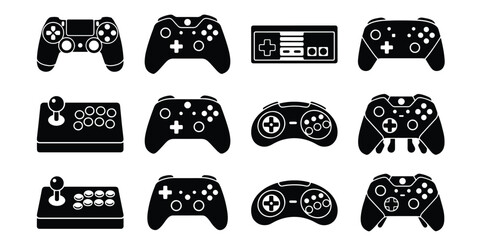 Video game controller icons set, black silhouette gaming gamepad collection, retro arcade joystick and console joypad vector illustrations © Farzana