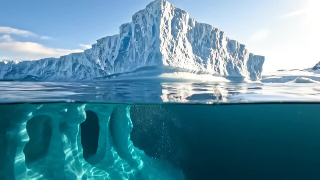 Iceberg above and below water for environmental projects, nature documentaries, and commercials