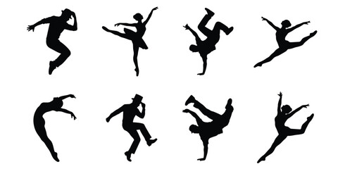 Dynamic dancer silhouettes collection, 8 vector elements of ballet and breakdance performers, athletic people dancing in various poses © Shakhawat