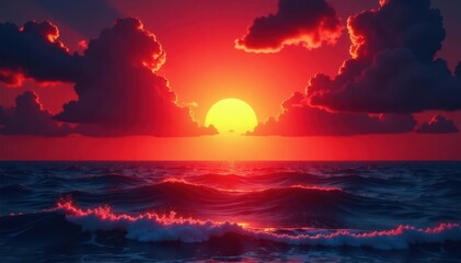 Obraz premium Fiery red sunset, dark clouds, ocean waves, sun rays pierce through , color, weather, light rays