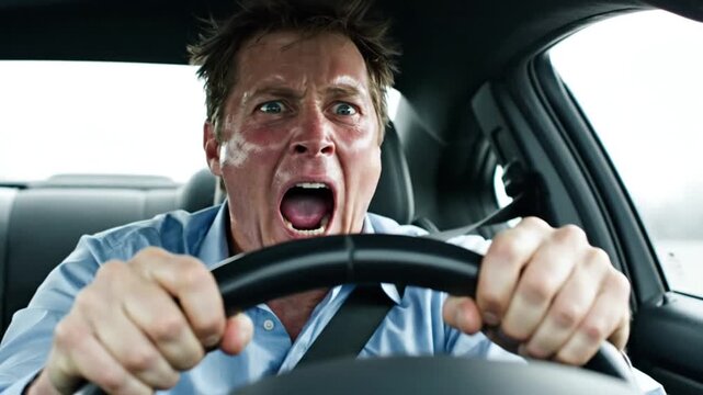 Stressed man screaming while driving car with panic