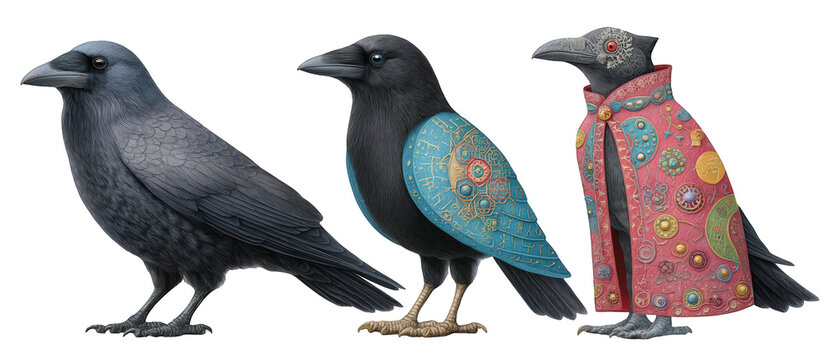 Three stylized crows showcasing unique designs, with a colorful background and artistic elements