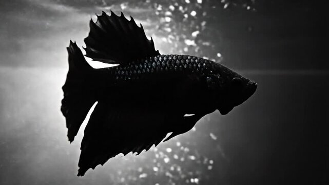 Graceful Silhouette of a Black Betta Fish Swimming in the Calm Depths of an Aquarium