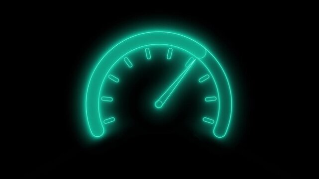 Neon speedometer icon animation with glowing effect on black background