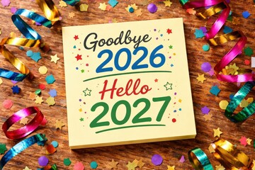 Obraz premium Celebratory Transition from 2026 to 2027 with Colorful Streamers and Cheerful Decorations for New Year Festivities
