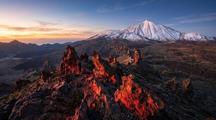 Naklejka premium Striking red glowing volcanic rock formation in the foreground points toward the majestic snow-capped peak of Mount Teide during sunrise.