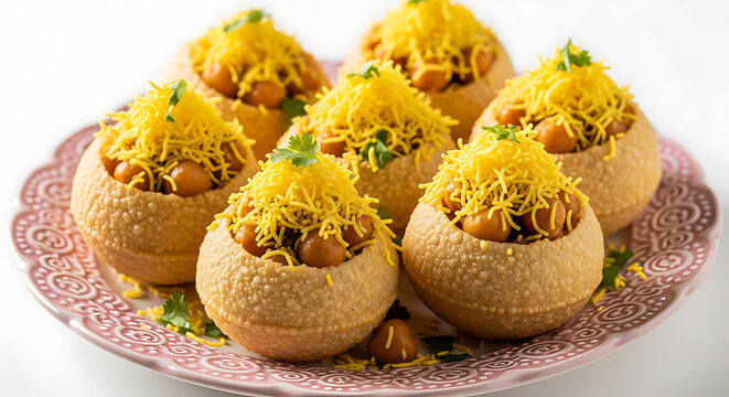 Authentic Indian Sev Puri Chaat Crispy Pani Puri Shells with Spicy Chickpea Filling and Crunchy Sev