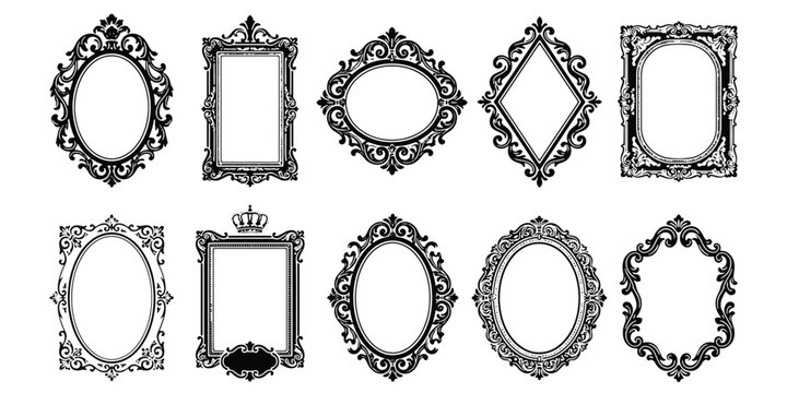Vintage ornate picture frames, set of 10 black baroque mirror borders, antique victorian decorative frame vectors for wedding invitations and portraits
