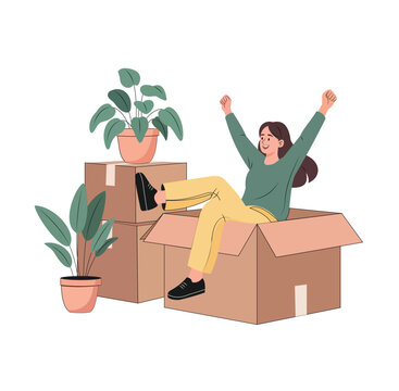 Happy woman sitting in a cardboard box surrounded by moving boxes and potted plants, vector illustration
