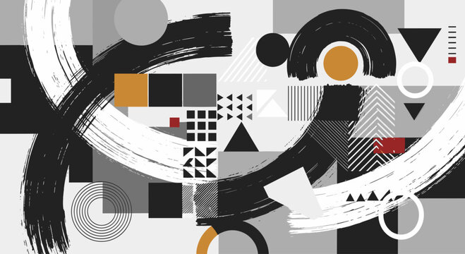 Abstract and modern design with geometric shapes, brush strokes, and various elements. Minimalist vector illustration for background, banner