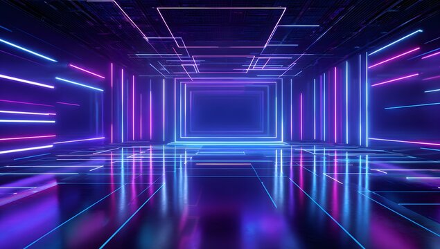 High tech digital room with complex network of glowing neon lines and rectangular frames in purple and blue hues representing data flow or futuristic computer hardware internal architecture space