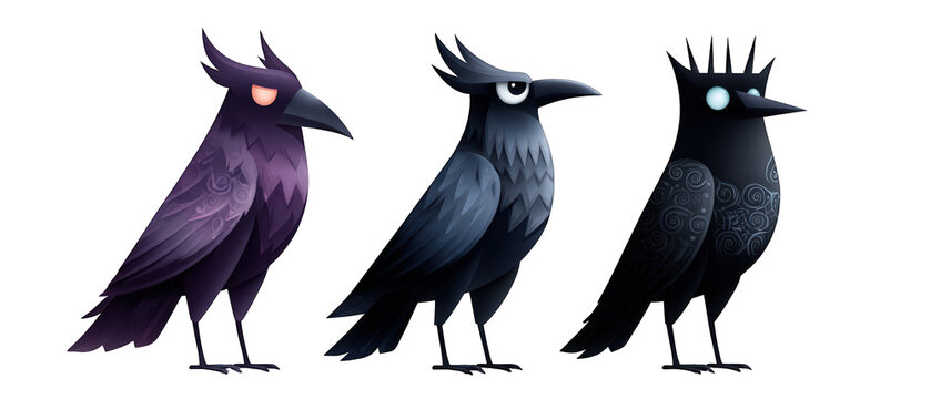 Three stylized crows with unique features and colors against a transparent background