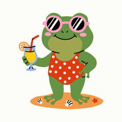 Obraz premium Cute Frog in Polka Dot Swimsuit Holding Tropical Drink