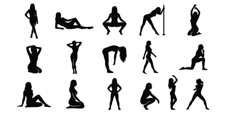 Seductive female silhouettes set, 15 black vector icons of women in erotic poses, sensual girl body shapes for adult entertainment and nightlife design