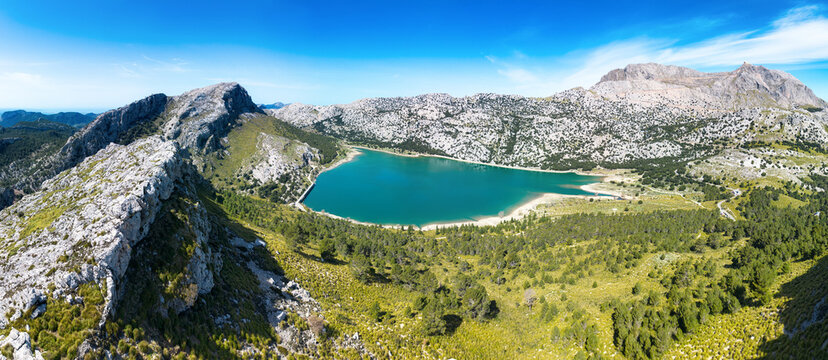Mountain panorama landscape with lake and peak - Puig Major and Embassament de C&uacute;ber in Mallorca, Spain