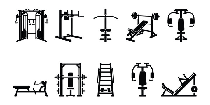 Gym equipment icons set, professional fitness machine vector silhouettes, 10 black workout station elements for strength training and bodybuilding