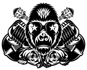 Fototapeta premium Cool Gorilla Head with Star Sunglasses and Guitars Rock Music Design for Band Logos and Merchandise.