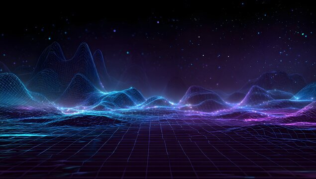 Digital data mountain landscape with blue and purple wireframe grid on dark background showing conceptual virtual world topography under starry night sky for technology and network themes scene