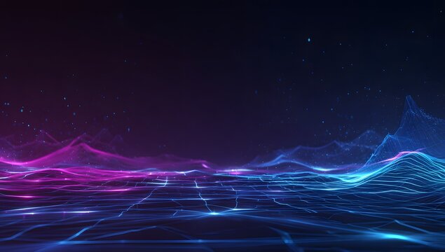 Futuristic neon digital landscape with glowing abstract wireframe mountains and grid floor in cosmic starry night background digital art.