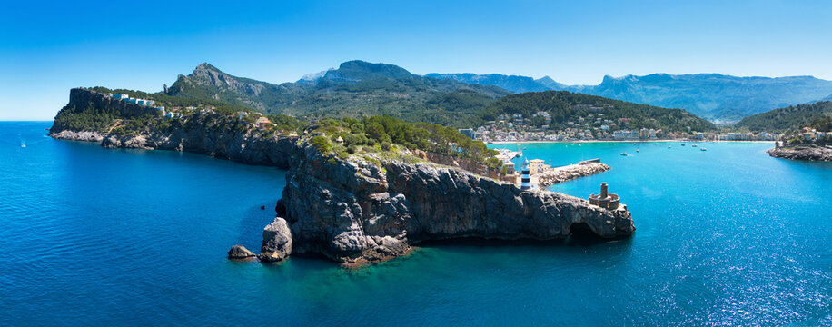 Panorama of city in Mallorca - Port de Soller with nice beach, Spain