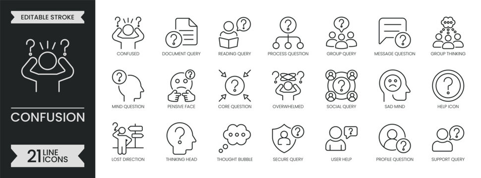 Confusion outline icon set. Question related line icons collection. Doubt, thinking, uncertain, lost, unclear, hesitation, ambiguity, asking and more. Editable stroke icons pack. Vector illustration