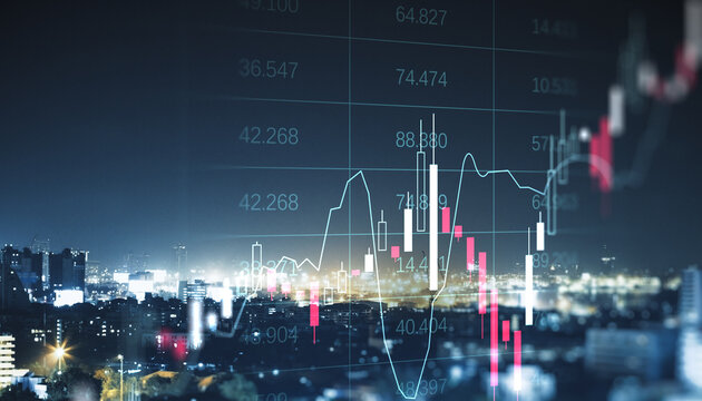 Financial market candlestick chart overlay against glowing night cityscape illustrating dynamic stock, currency, and index movements in modern skyline.