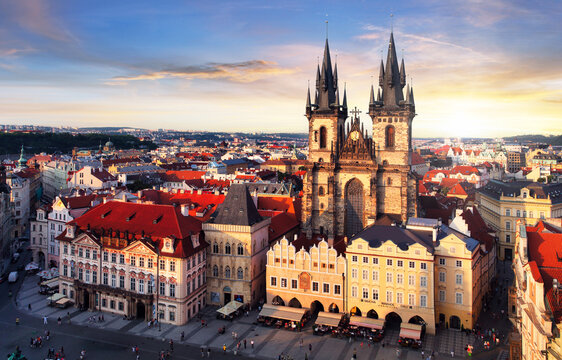 Prague, Czech Republic. Panoramic sunset view at Church of Our Lady Before Tyn the Old Town Square Praha city. Evening in prague, popular travel destination Europe