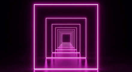 Infinite pink neon square frame tunnel abstract perspective background for modern creative design and futuristic virtual reality visuals with perspective, infinite