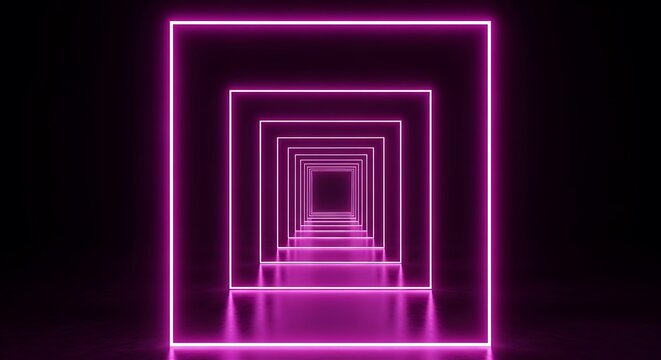 Infinite pink neon square frame tunnel abstract perspective background for modern creative design and futuristic virtual reality visuals with perspective, infinite