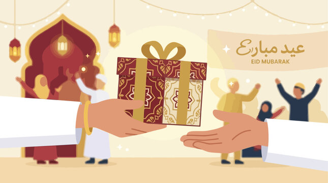 An elegant flat design illustration depicting the cherished tradition of exchanging gifts during Eid al-Adha. This vector image symbolizes generosity, love, and festive goodwill among loved ones.