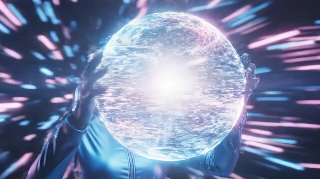 Person using VR headset with glowing sphere for commercial backgrounds, digital design, and advertising