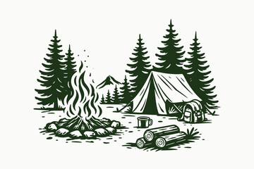 Fototapeta premium Camping doodle vector illustration with tent, campfire, forest trees and outdoor adventure hand drawn style