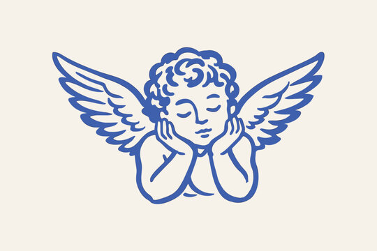 Angel doodle vector illustration with cute cherub face, wings and hand drawn heavenly minimalist line art style