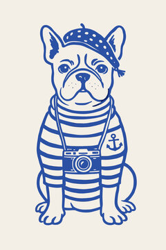 Funny sailor French bulldog doodle vector illustration with camera and striped shirt hand drawn pet