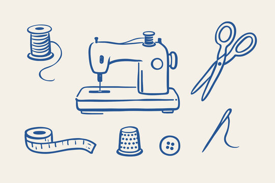 Sewing tools doodle vector illustration with sewing machine, scissors, thread, needle and thimble set