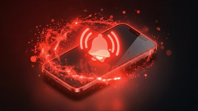 Smartphone notification alert bell screen red glowing technology mobile communication dark icon glossy modern digital device message app isolated studio background