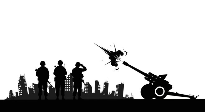 Silhouette of soldiers aiming a cannon at a destroyed city skyline