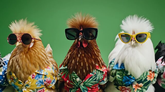 Chickens in Sunglasses and Hawaiian Shirts for commercial backgrounds, digital design, and advertising