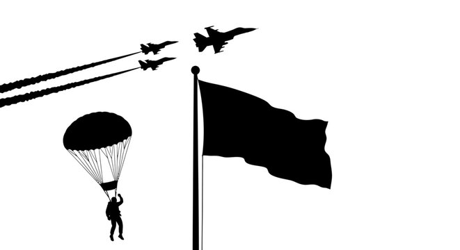 Paratrooper Jumps Near Flag and Fighter Jets in Formation