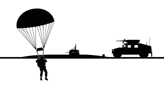 Paratrooper Landing Near Submarine and Humvee Silhouette