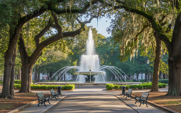 Forsyth Park fountain and walking path in Savannah, Georgia