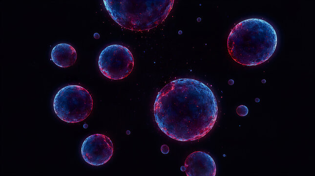 Microbe bacteria illustrated in vibrant colors against a dark background, showcasing spherical shapes with glowing edges and intricate details  in a scientific context