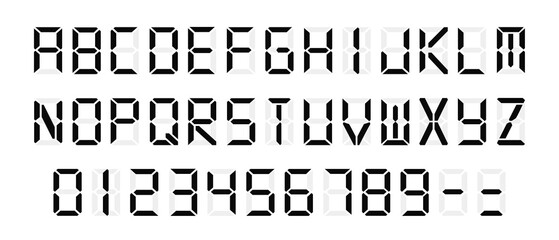 Digital display font with alarm clock letters. Black electronic alphabet. Retro calculator symbols, monitor characters and scoreboard digits. JPG image © Angela Ksen