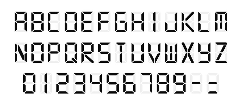 Digital display font with alarm clock letters. Black electronic alphabet. Retro calculator symbols, monitor characters and scoreboard digits. JPG image