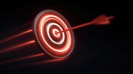 Fototapeta premium Glowing Red Target with Arrow Hitting Center in Dynamic Perspective View