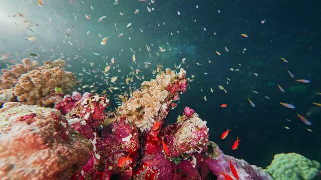 This footage captures a vibrant scene where colorful tropical fish, including schools of anthias, gracefully swim amongst a flourishing soft coral garden. The intricate details of the corals and the d