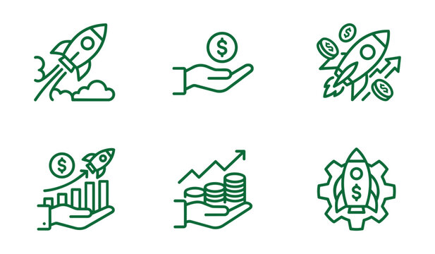 Startup business investment and growth set of outline icons illustrating various financial and entrepreneurial concepts