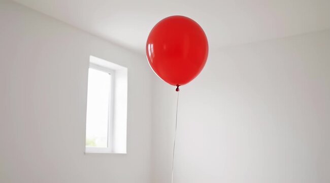 A single bright red balloon floating in a bright minimalist room.