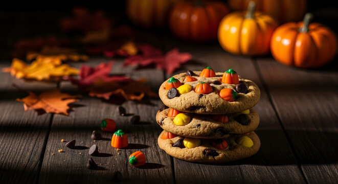 A stack of cookies with candy on a wooden table surrounded by pumpkins and autumn leaves