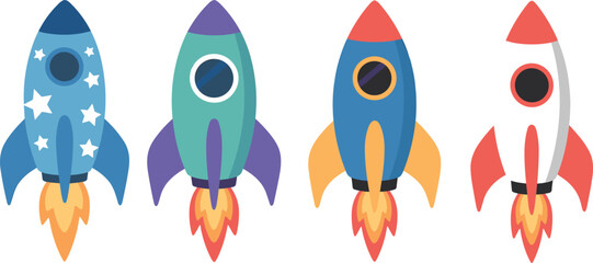 Fototapeta premium Set of colorful rocket ship launch icons with fire and stars for startup business growth and space exploration concept vector illustration isolated on white background.